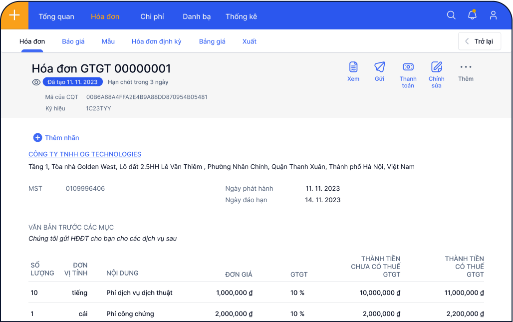 Gửi hóa đơn trực tuyến